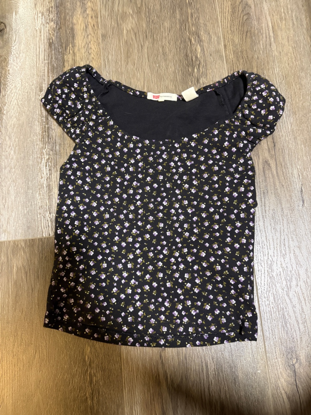 Levi's Black Floral Crop Top with Purple and Green Accents